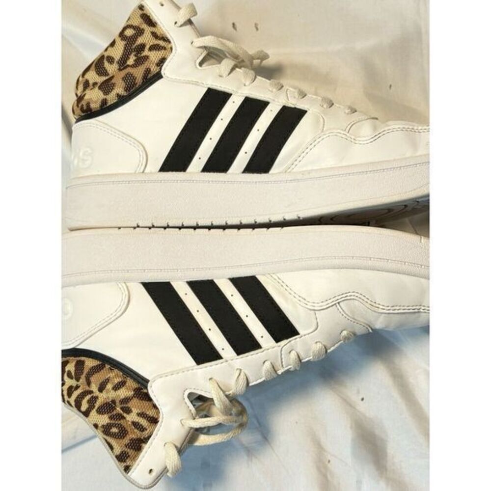 Adidas Women's White and Black High-Tops with Leopard Accent